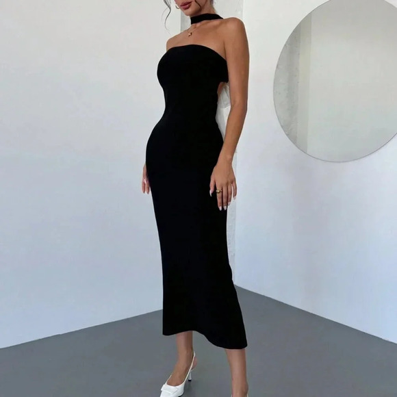 Black And White Elegant Women's Romantic Backless Contrast Bow Tie Dress - Picture 4 of 6